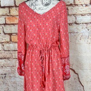 Red rose petals tunic dress V-neck long sleeves
